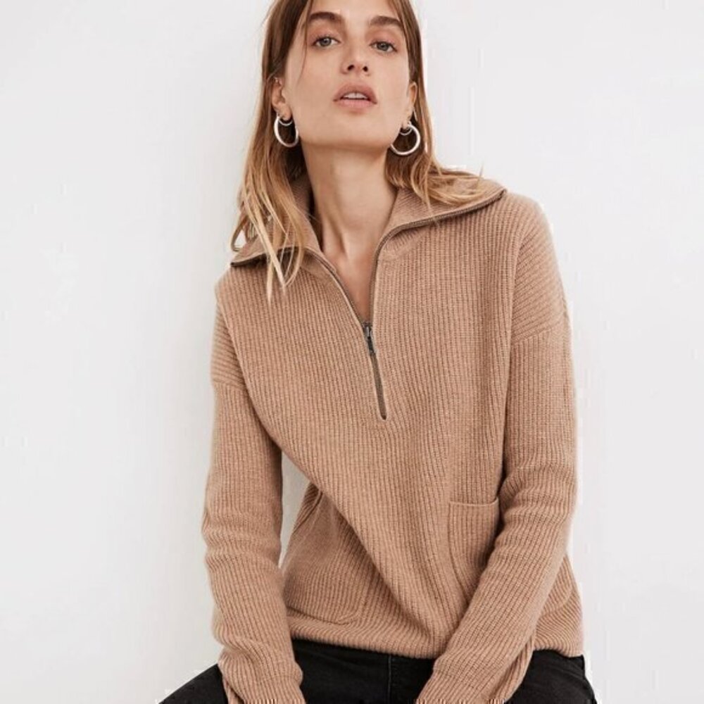 Madewell Merino Wool Blend Glenbrook Half-Zip Pullover Sweater Camel Brown XS